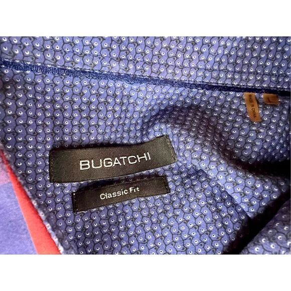 Bugatchi Dress Shirt Flip Cuff Plaid Red Blue Classic Button Up Mens Sz Large - Picture 6 of 8